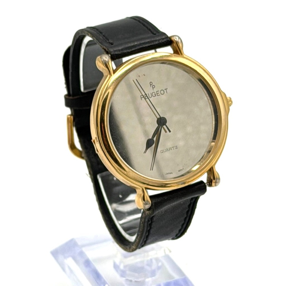 Vintage Peugeot Gold Tone Quartz Dress Watch Black Band Japan Movt Running